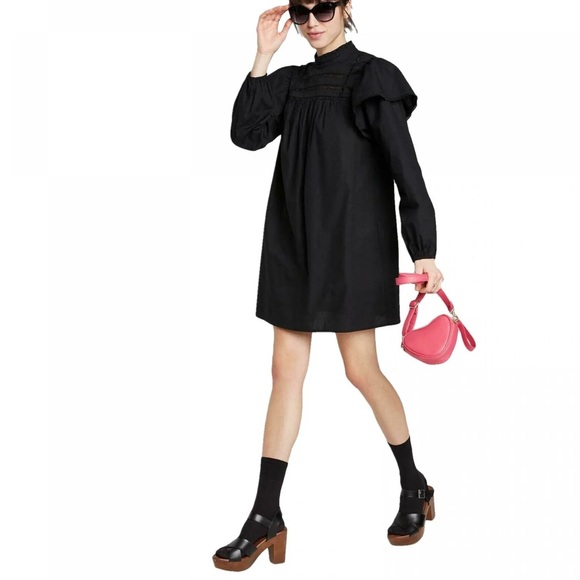 •Medium• New Target Wild Fable Long Sleeve High Neck Black Poplin Dress - Picture 2 of 7